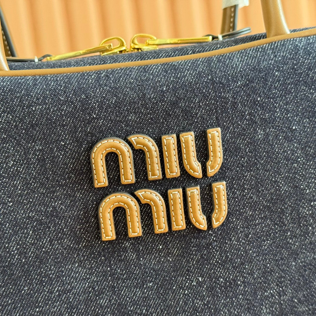 MIUMIU 25S BEAU DENIM BAG 34 IN DARK BLUE DENIM AND BROWN CALFSKIN