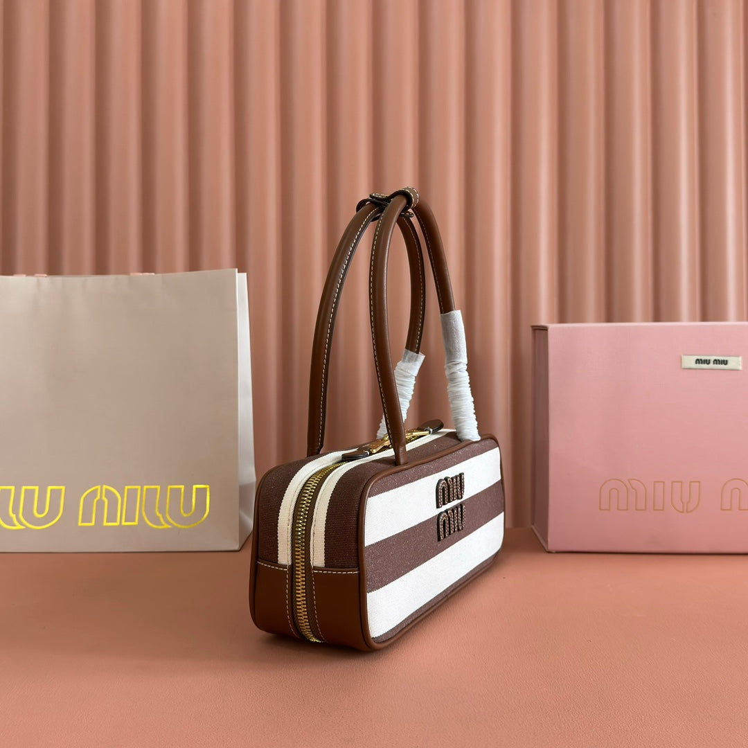MIUMIU 25S BEAU BAG 28 BROWN AND BEIGE STRIPES IN CANVAS AND CALFSKIN