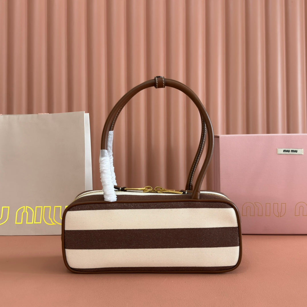 MIUMIU 25S BEAU BAG 28 BROWN AND BEIGE STRIPES IN CANVAS AND CALFSKIN