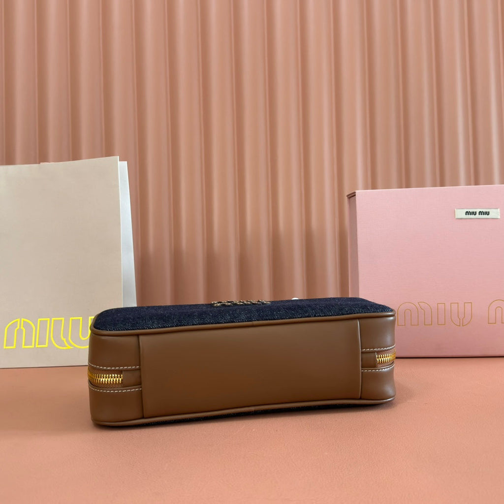 MIUMIU 25S BEAU DENIM BAG 28 IN DARK BLUE DENIM AND BROWN CALFSKIN