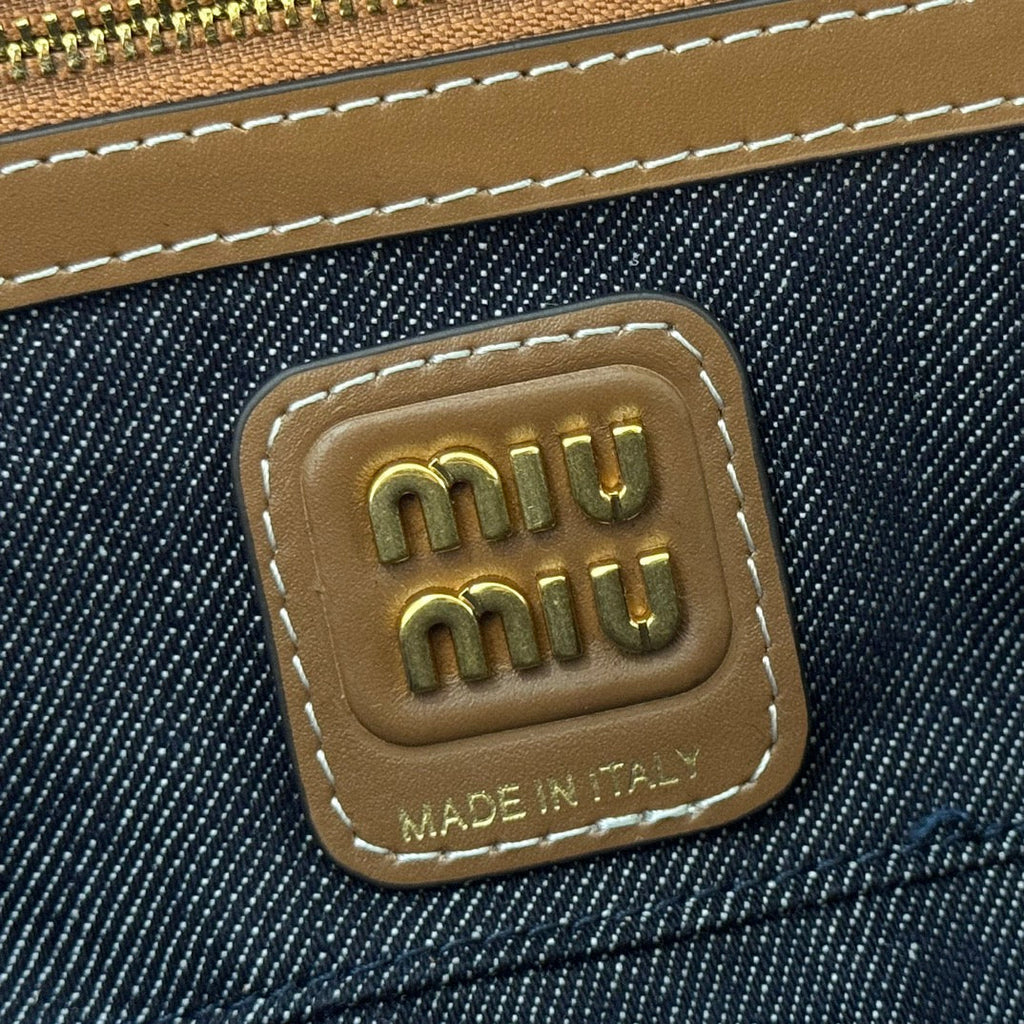 MIUMIU 25S BEAU DENIM BAG 28 IN DARK BLUE DENIM AND BROWN CALFSKIN