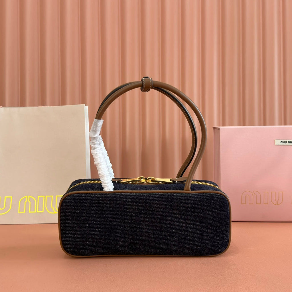 MIUMIU 25S BEAU DENIM BAG 28 IN DARK BLUE DENIM AND BROWN CALFSKIN
