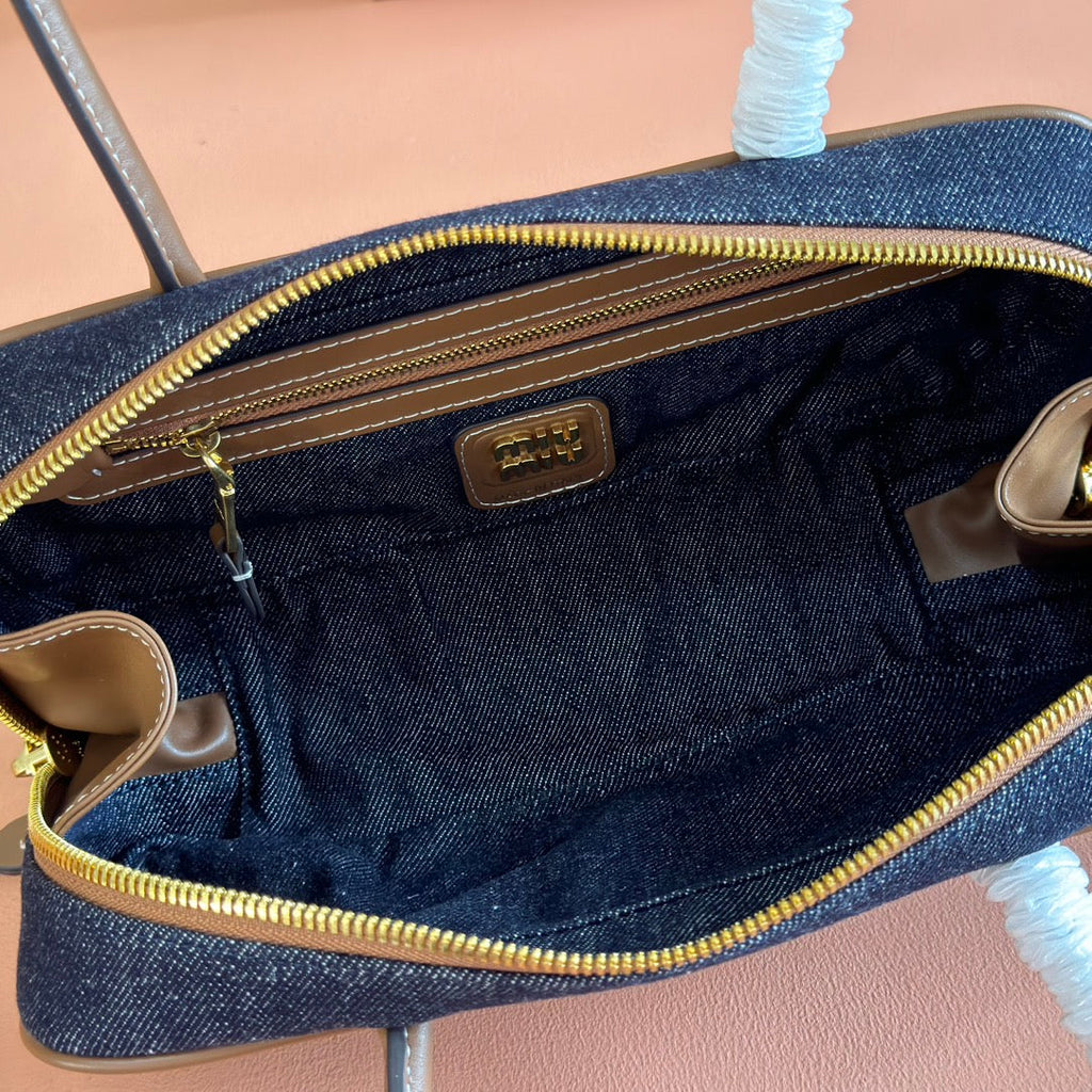 MIUMIU 25S BEAU DENIM BAG 28 IN DARK BLUE DENIM AND BROWN CALFSKIN