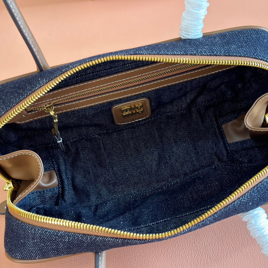 MIUMIU 25S BEAU DENIM BAG 28 IN DARK BLUE DENIM AND BROWN CALFSKIN