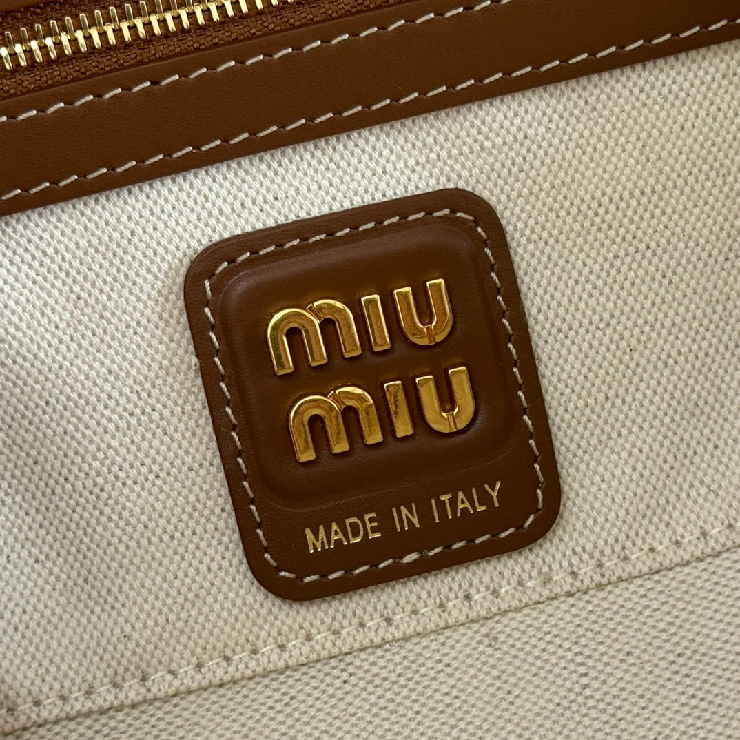 MIUMIU 25S BEAU CANVAS BAG 28 IN BEIGE CANVAS AND BROWN CALFSKIN
