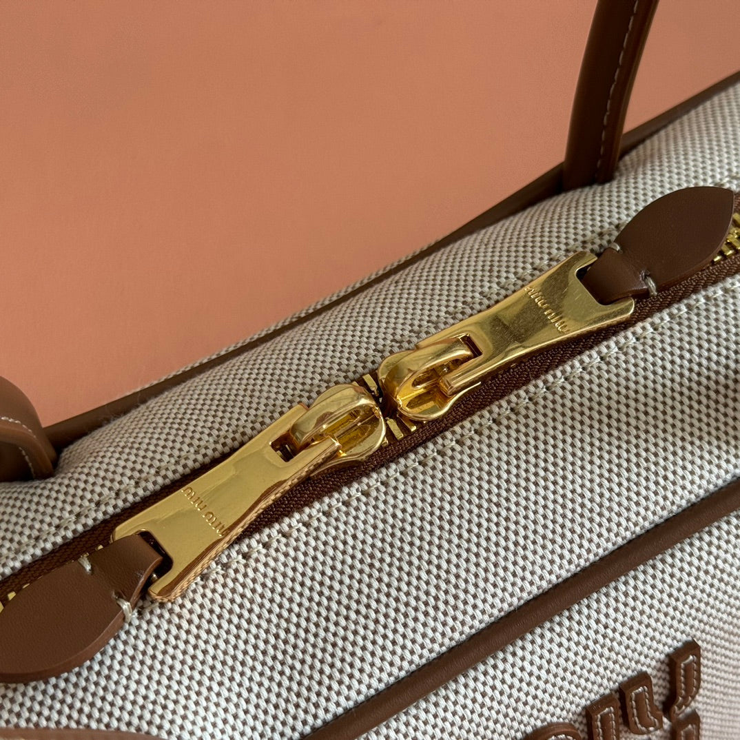 MIUMIU 25S BEAU CANVAS BAG 28 IN BEIGE CANVAS AND BROWN CALFSKIN