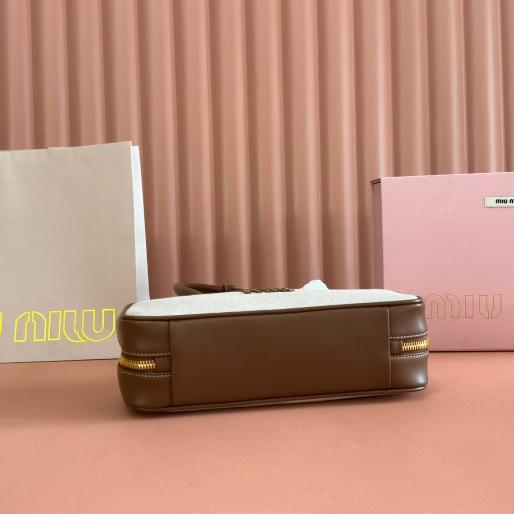 MIUMIU 25S BEAU CANVAS BAG 28 IN BEIGE CANVAS AND BROWN CALFSKIN