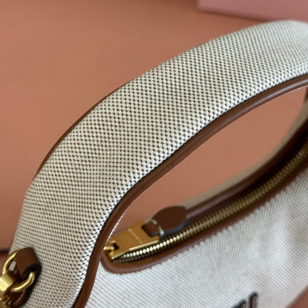 MIUMIU 25S WANDER BAG 20 IN BEIGE CANVAS AND BROWN CALFSKIN