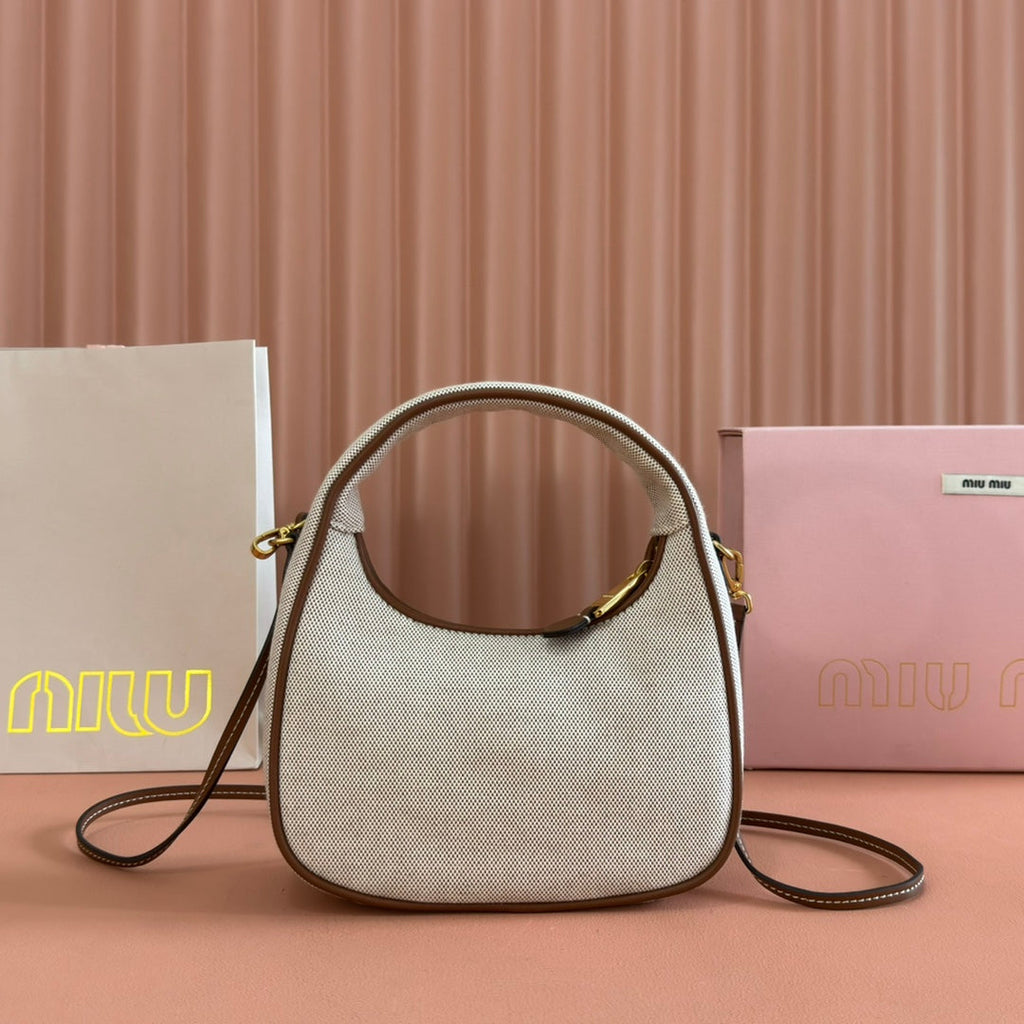 MIUMIU 25S WANDER BAG 20 IN BEIGE CANVAS AND BROWN CALFSKIN