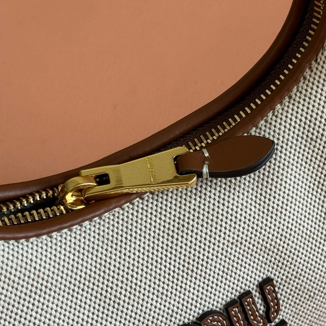 MIUMIU 25S WANDER BAG 20 IN BEIGE CANVAS AND BROWN CALFSKIN