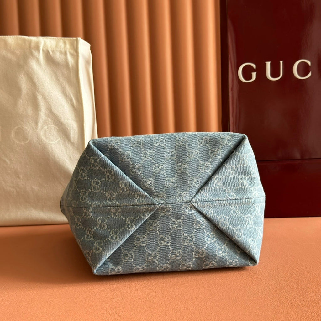 GUCCI 25S TOTISSIMA LARGE TOTE 22 CM IN BLUE DENIM AND BROWN CALFSKIN