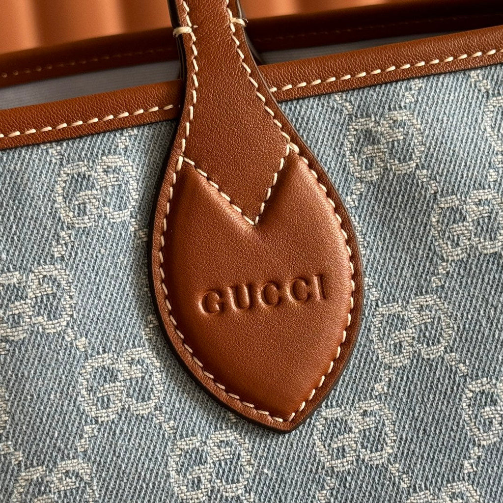 GUCCI 25S TOTISSIMA LARGE TOTE 22 CM IN BLUE DENIM AND BROWN CALFSKIN