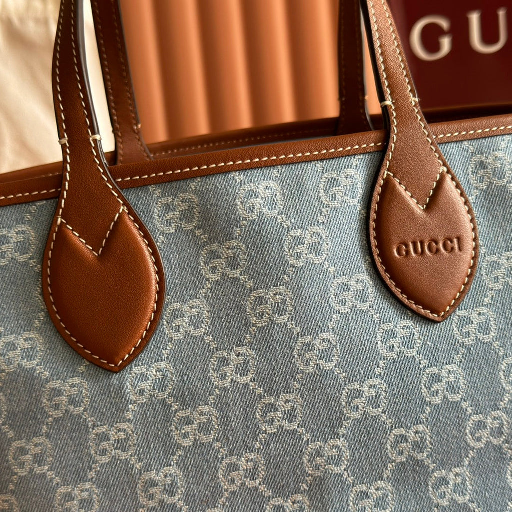 GUCCI 25S TOTISSIMA LARGE TOTE 22 CM IN BLUE DENIM AND BROWN CALFSKIN