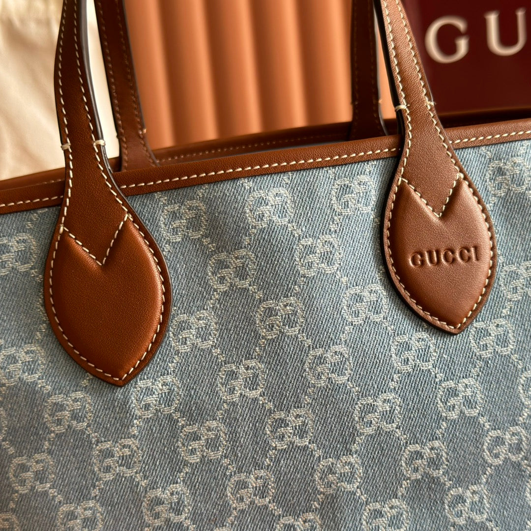 GUCCI 25S TOTISSIMA LARGE TOTE 22 CM IN BLUE DENIM AND BROWN CALFSKIN