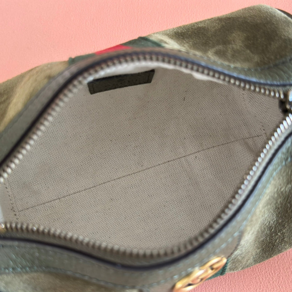 GUCCI 25S OPHIDIA MINI SHOULDER BAG 19 CM IN MOSS GREEN SUEDE