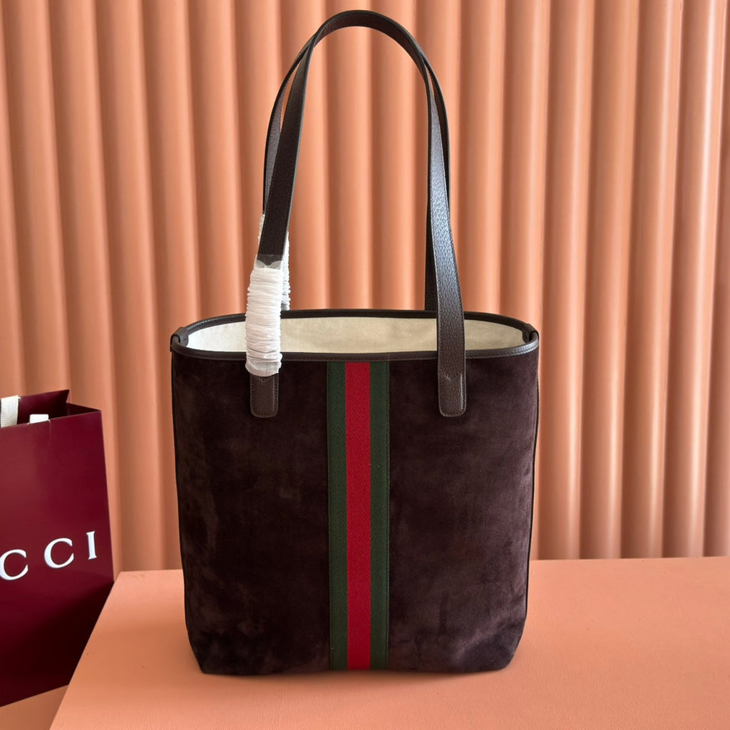 GUCCI 25S OPHIDIA MEDIUM TOTE 36 CM IN DARK CHOCOLATE BROWN SUEDE