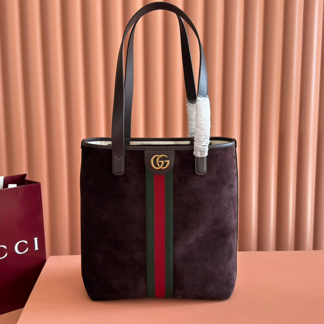 GUCCI 25S OPHIDIA MEDIUM TOTE 36 CM IN DARK CHOCOLATE BROWN SUEDE