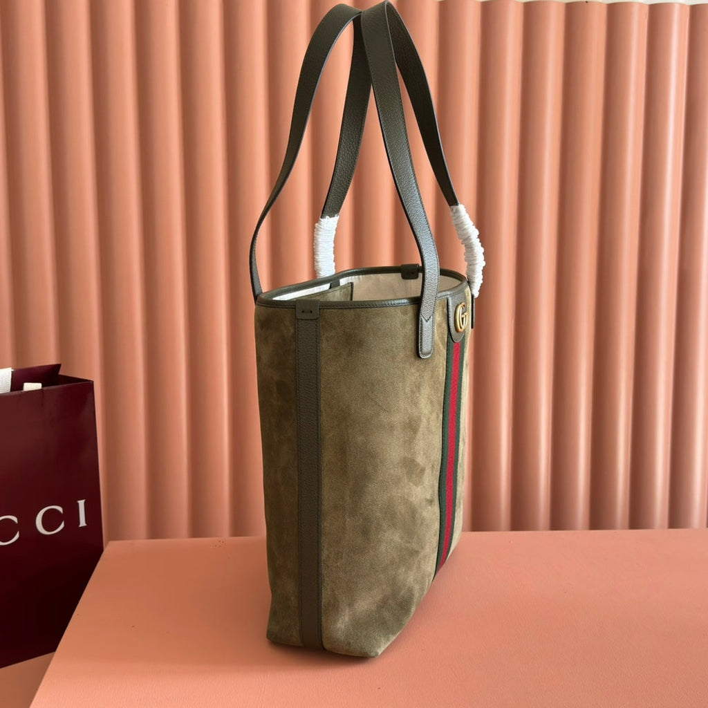 GUCCI 25S OPHIDIA MEDIUM TOTE 36 CM IN EARTH BROWN SUEDE