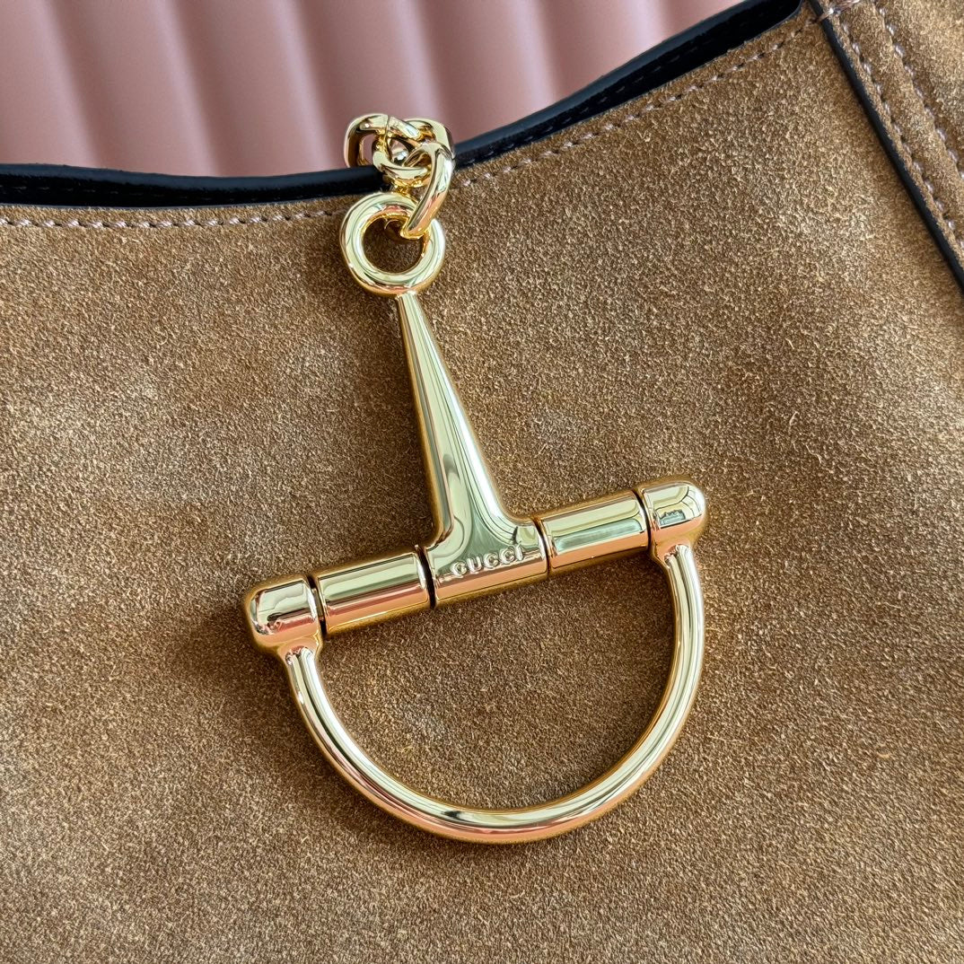 GUCCI 25S HANDBAG 28 CM IN DARK WOOD BROWN SUEDE WITH GOLD HARDWARE