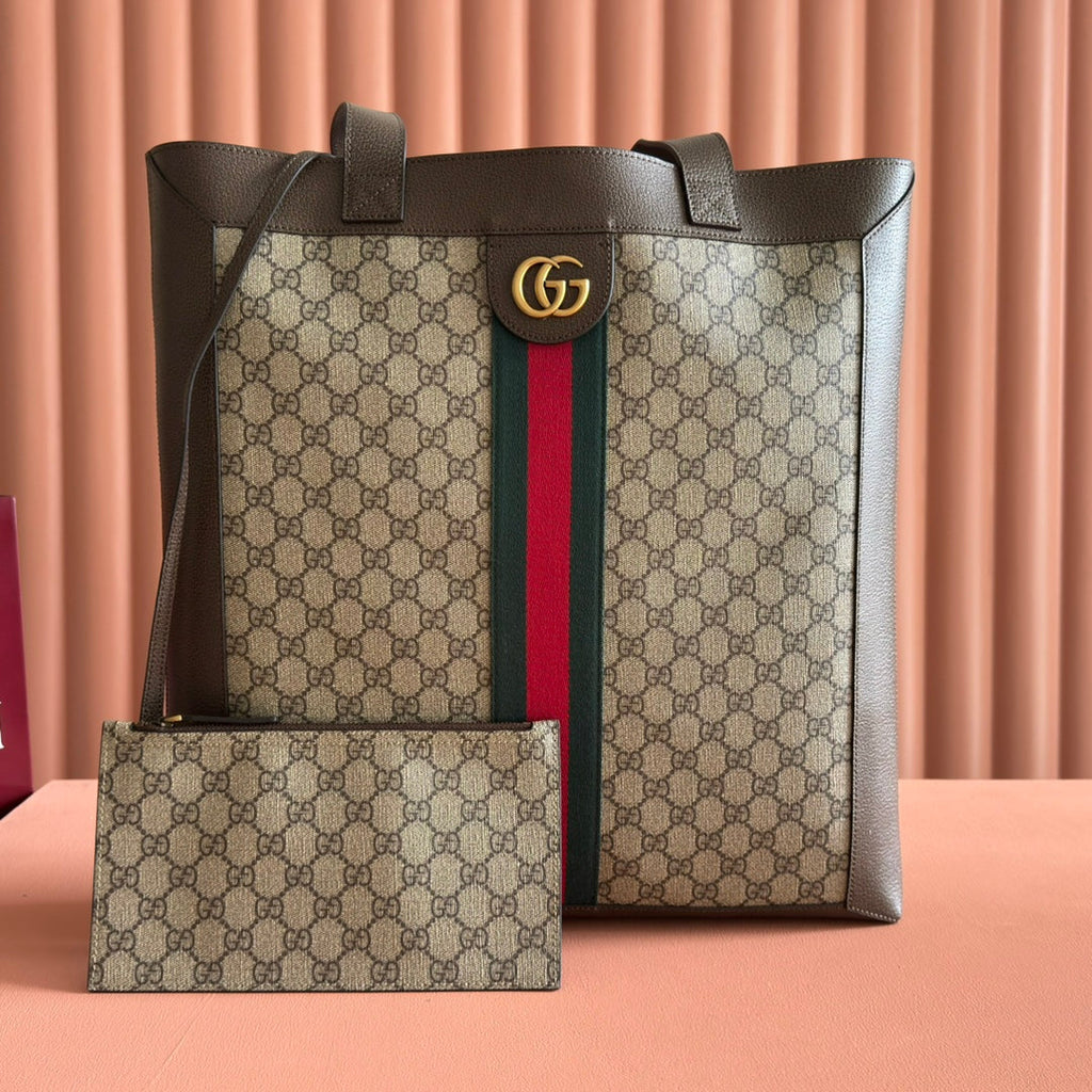 GUCCI 25S TOTE BAG 43 CM IN DARK BROWN MIX BEIGE LAMBSKIN WITH GOLD HARDWARE