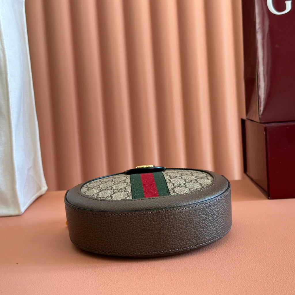 GUCCI 25S OPHIDIA MINI ROUND SHOULDER BAG 18 CM IN DARK BEIGE AND BROWN CALFSKIN