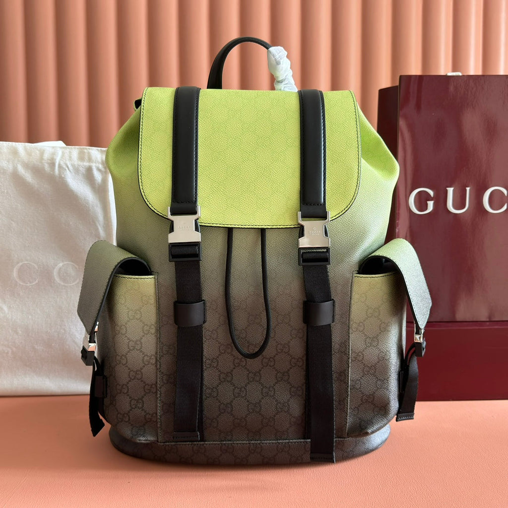 GUCCI 25S BACKPACK 46 CM IN NEON GREEN TO DARK GRAY OMBRÉ CALFSKIN