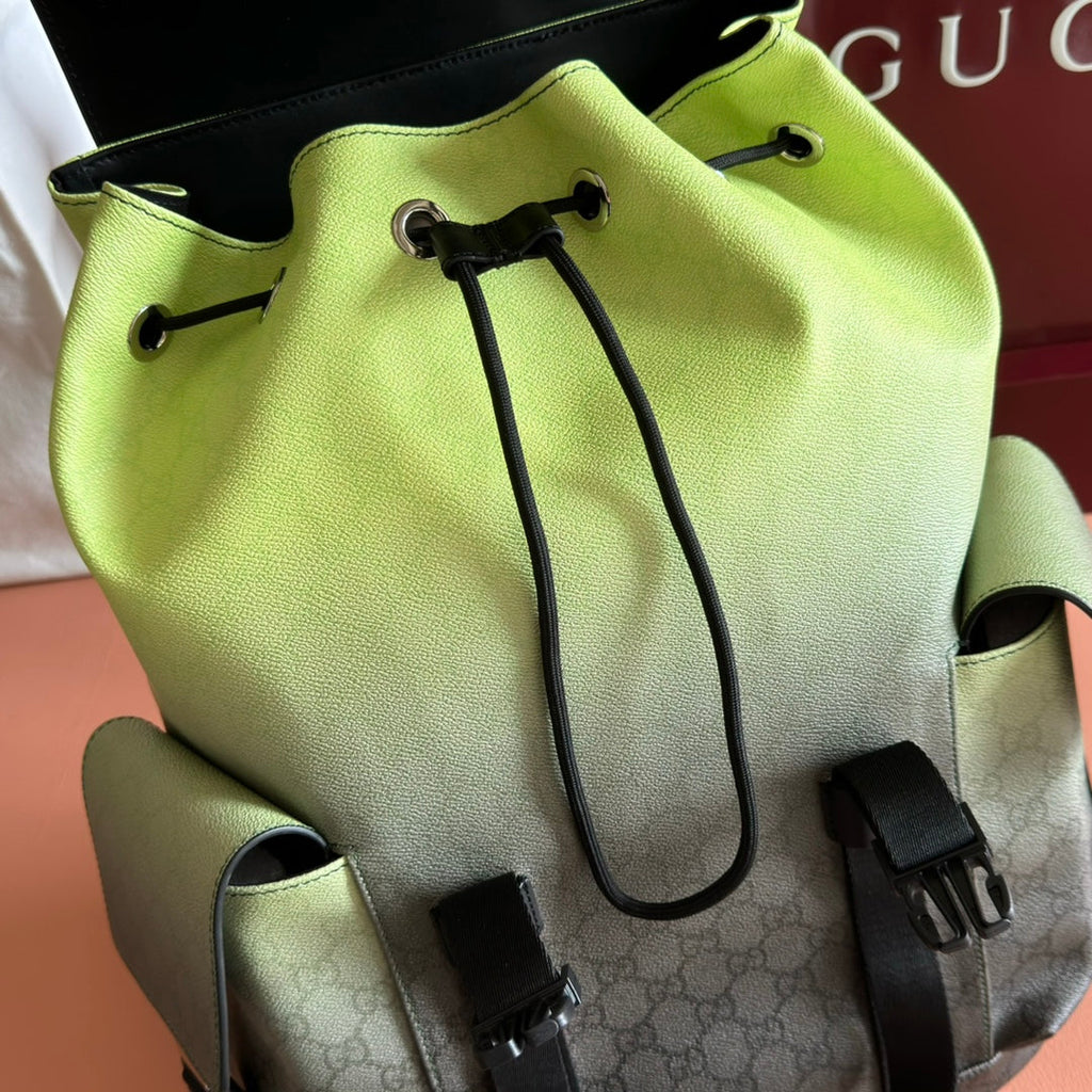 GUCCI 25S BACKPACK 46 CM IN NEON GREEN TO DARK GRAY OMBRÉ CALFSKIN