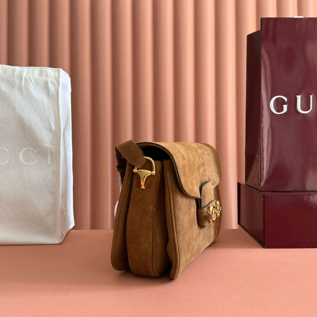 GUCCI 25S HORSEBIT 1955 30 CM IN BROWN SUEDE WITH GOLD HARDWARE