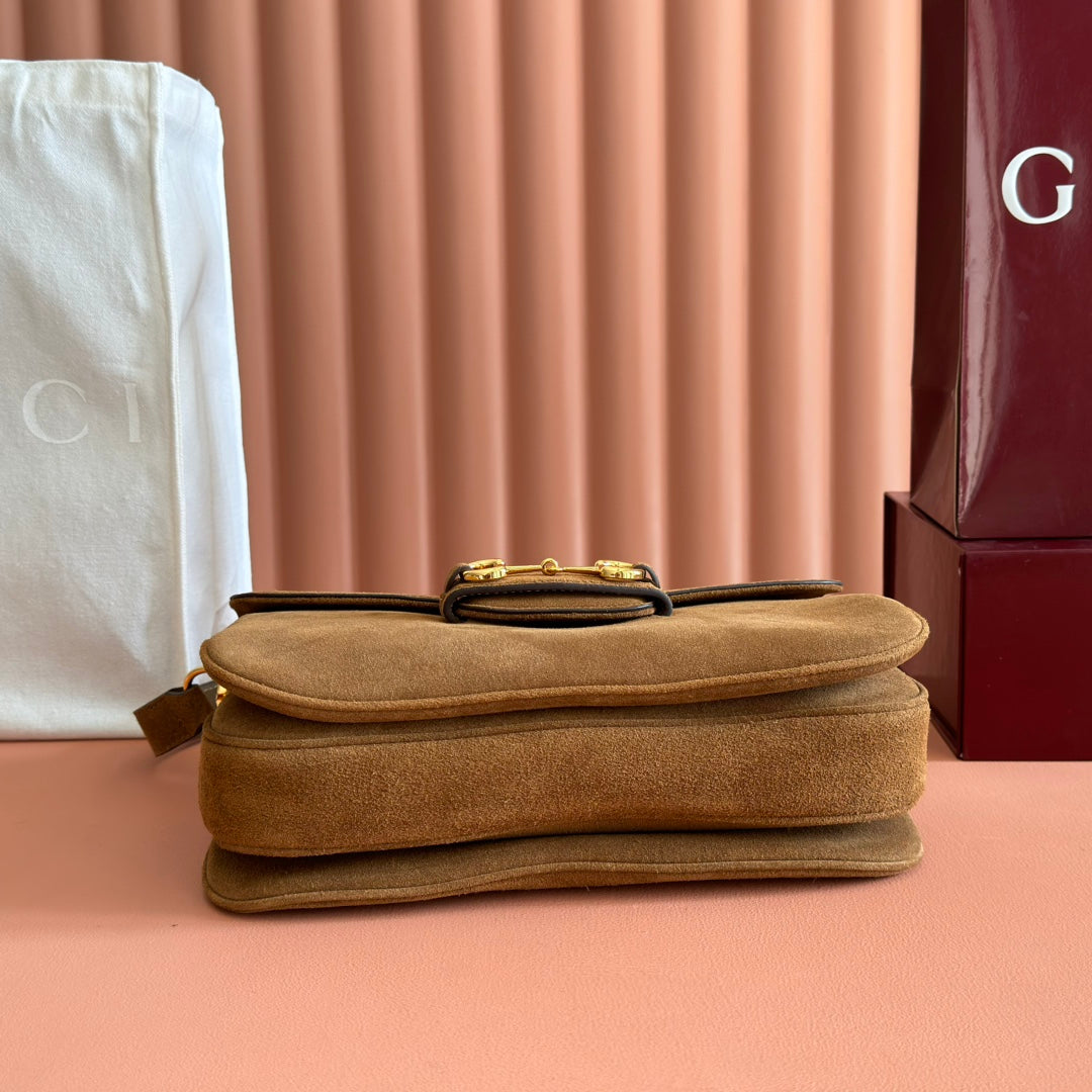 GUCCI 25S HORSEBIT 1955 30 CM IN BROWN SUEDE WITH GOLD HARDWARE