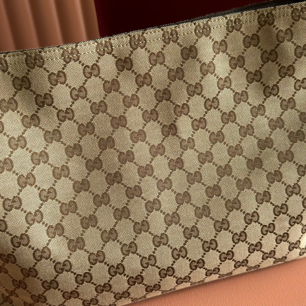 GUCCI 25S BEATRIX LARGE TOTE BAG 35 CM IN DARK BEIGE AND BROWN CANVAS