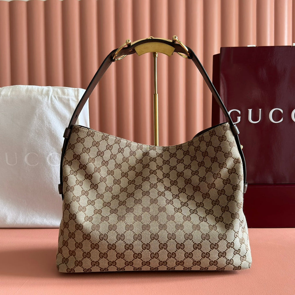 GUCCI 25S BEATRIX LARGE TOTE BAG 35 CM IN DARK BEIGE AND BROWN CANVAS