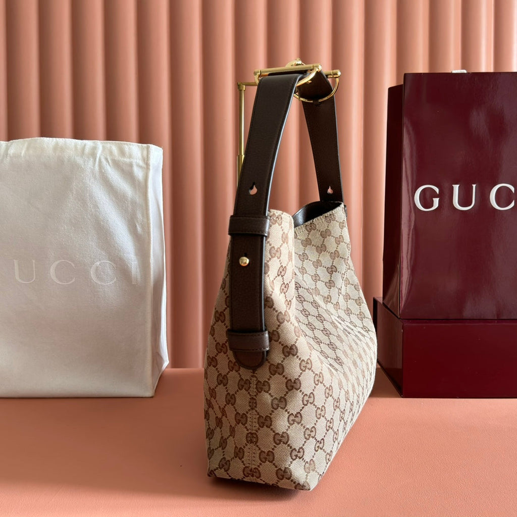 GUCCI 25S BEATRIX LARGE TOTE BAG 35 CM IN DARK BEIGE AND BROWN CANVAS