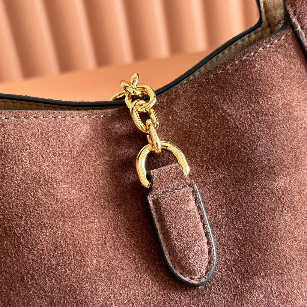 GUCCI 25S HANDBAG 28 CM IN DARK CACAO BROWN SUEDE WITH GOLD HARDWARE