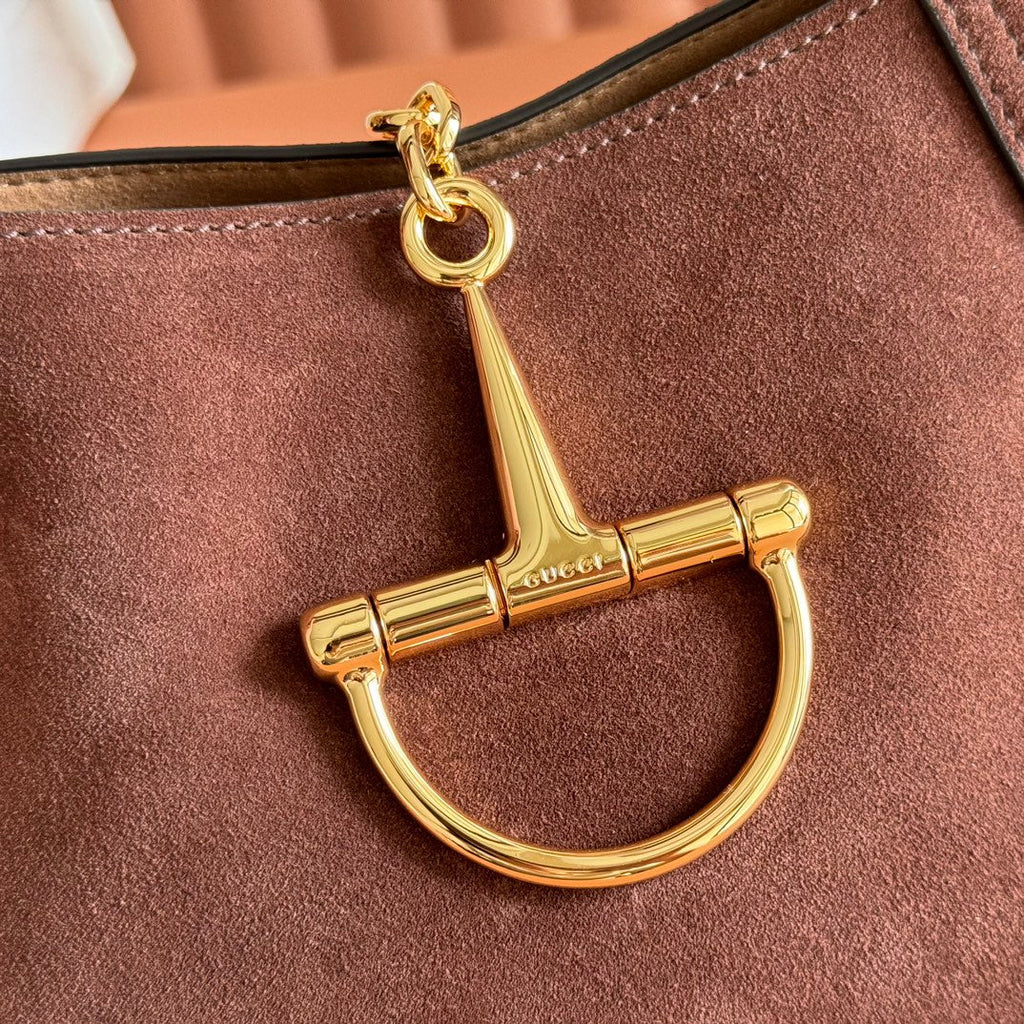 GUCCI 25S HANDBAG 28 CM IN DARK CACAO BROWN SUEDE WITH GOLD HARDWARE