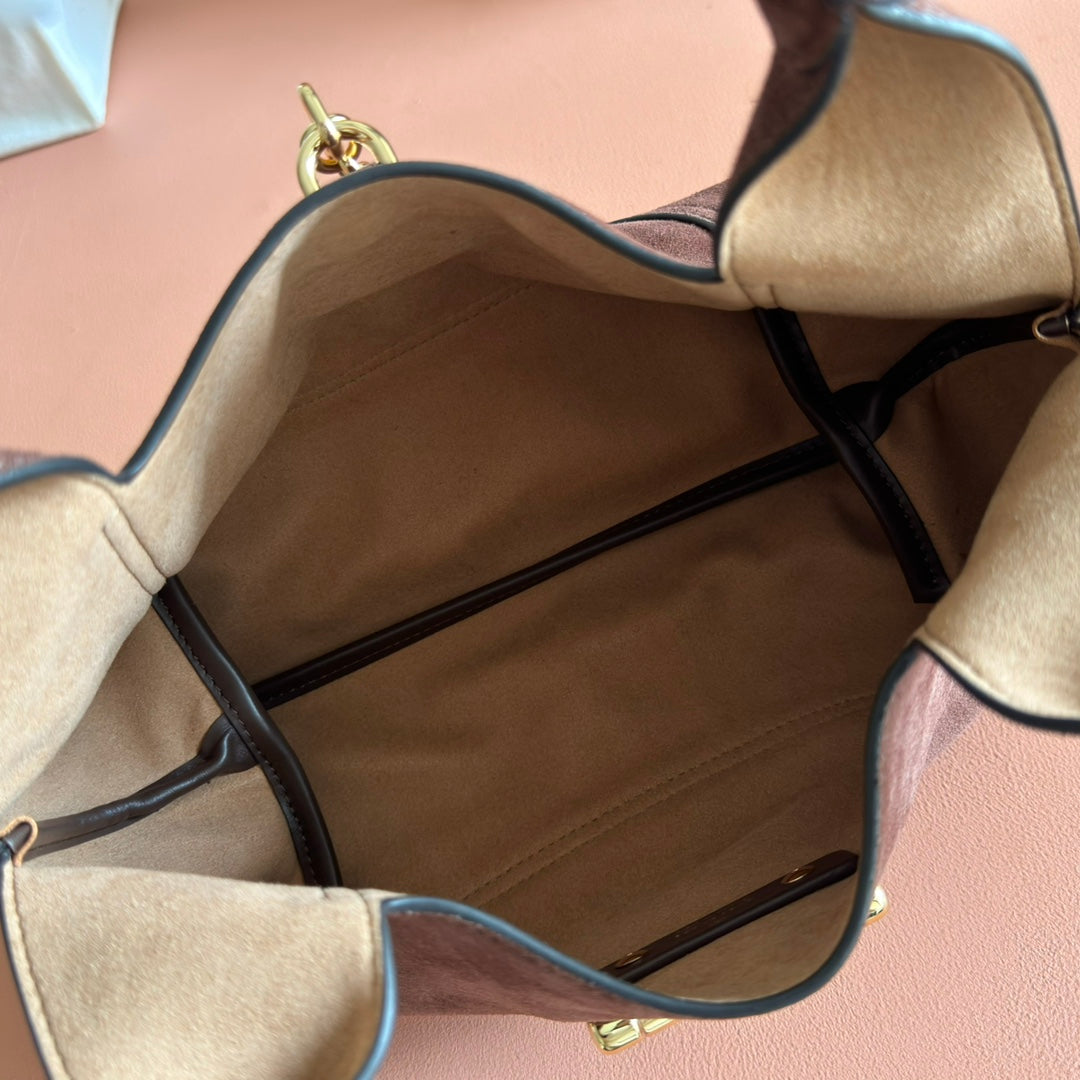 GUCCI 25S HANDBAG 28 CM IN DARK CACAO BROWN SUEDE WITH GOLD HARDWARE