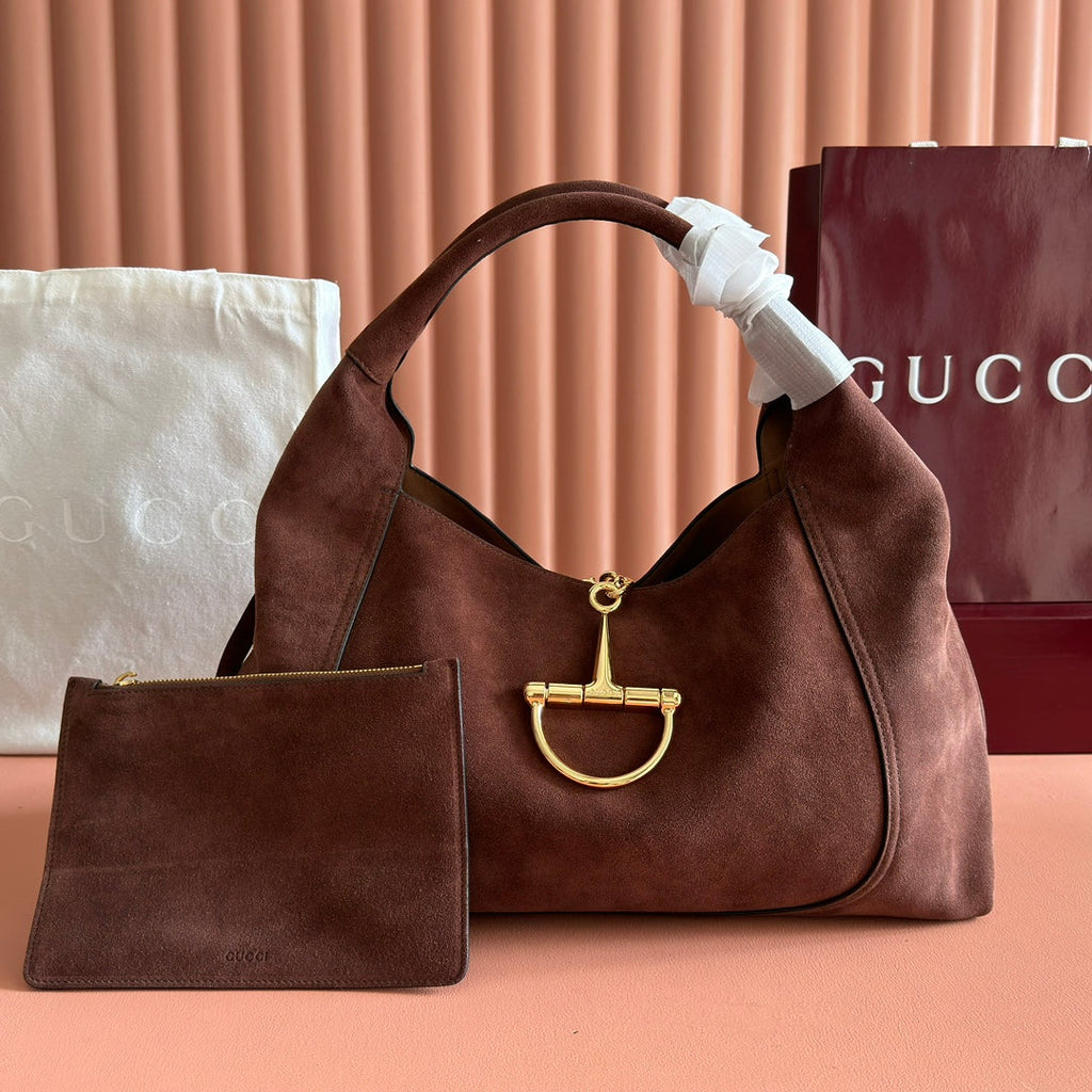 GUCCI 25S HANDBAG 46 CM IN DARK CACAO BROWN SUEDE WITH GOLD HARDWARE