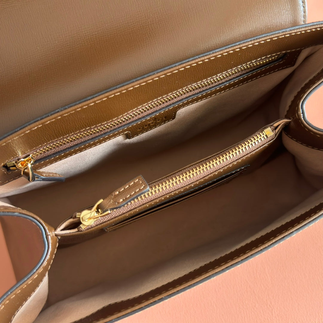 GUCCI 25S HORSEBIT 1955 MEDIUM SHOULDER BAG 22 CM IN BROWN CALFSKIN WITH GOLD HARDWARE