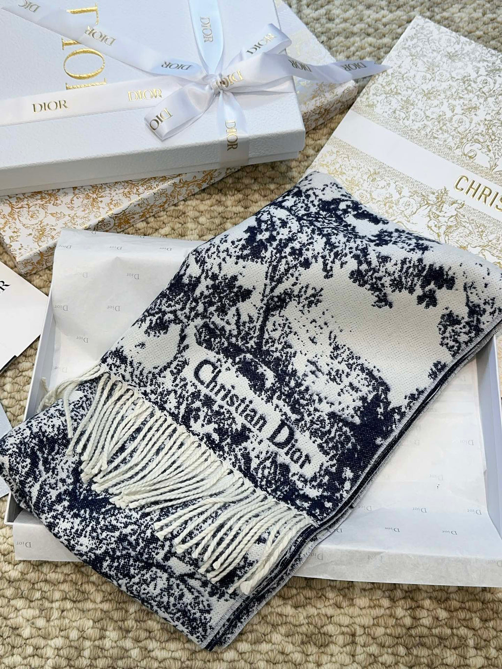 SCARF 220 CM IN NAVY BLUE MIX WHITE MONOGRAM CASHMERE AND WOOL 413656