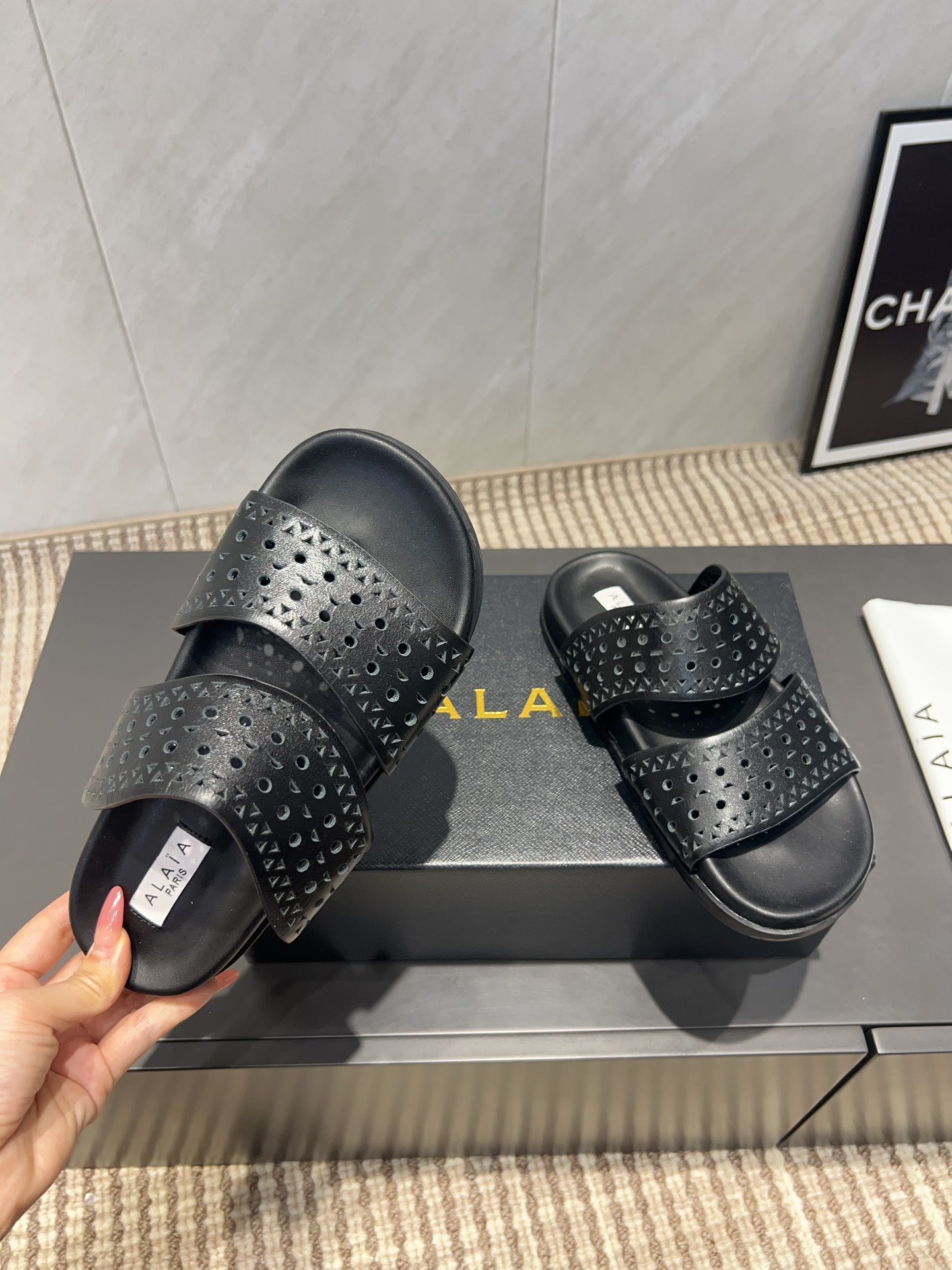 ALAIA CHUNKY TWO-STRAP SLIDES 25S IN BLACK CALFSKIN