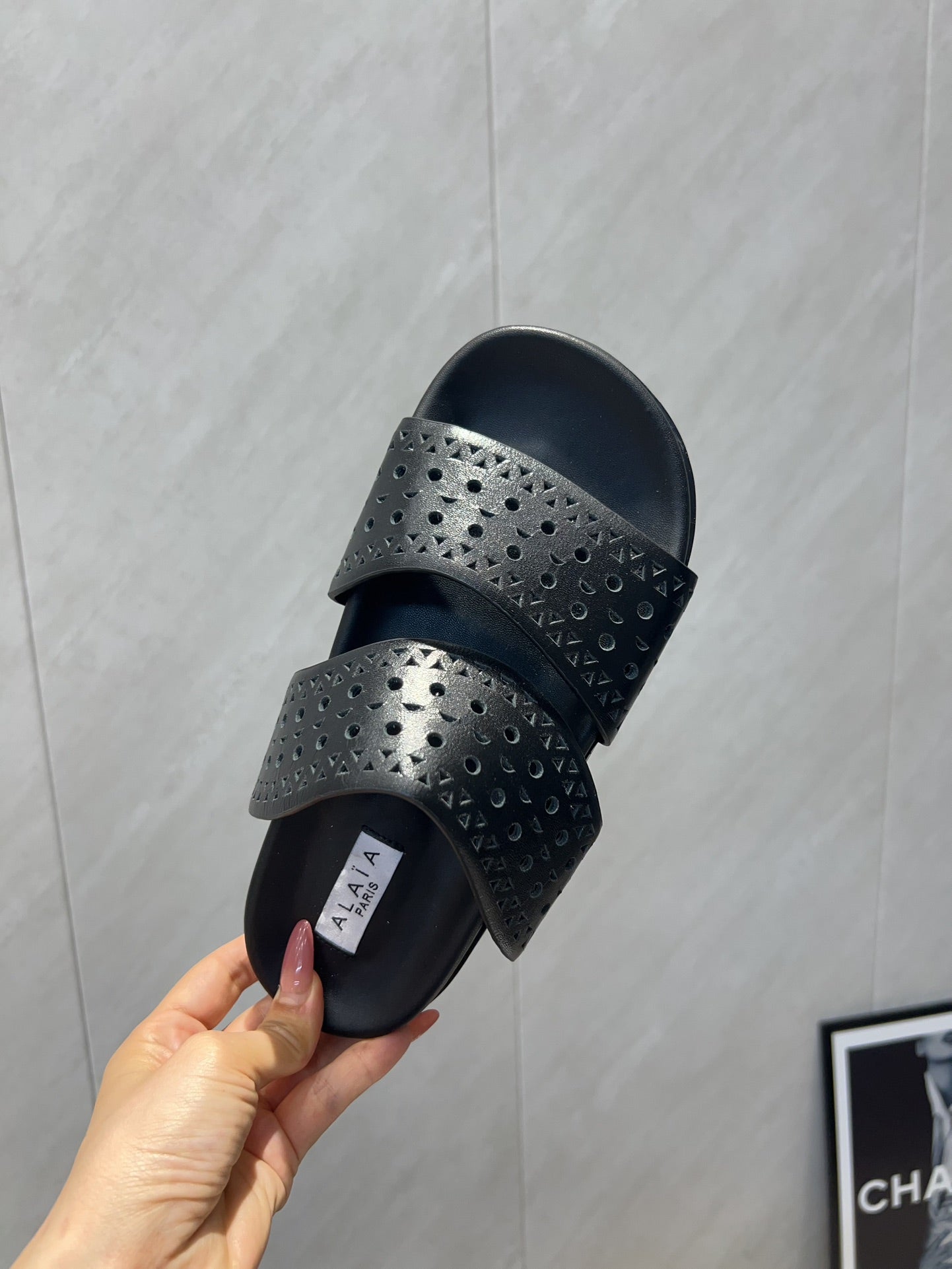 ALAIA CHUNKY TWO-STRAP SLIDES 25S IN BLACK CALFSKIN