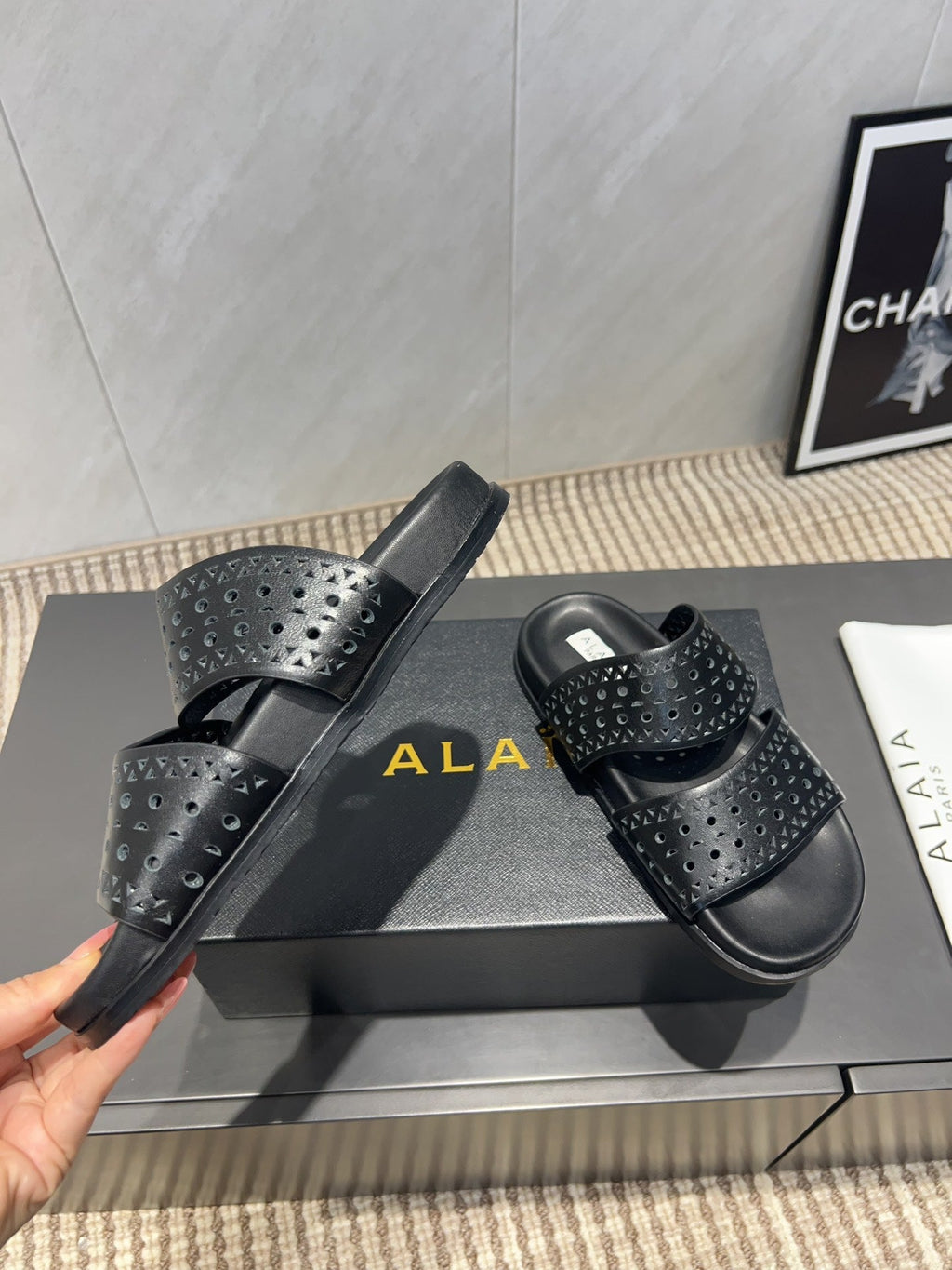 ALAIA CHUNKY TWO-STRAP SLIDES 25S IN BLACK CALFSKIN