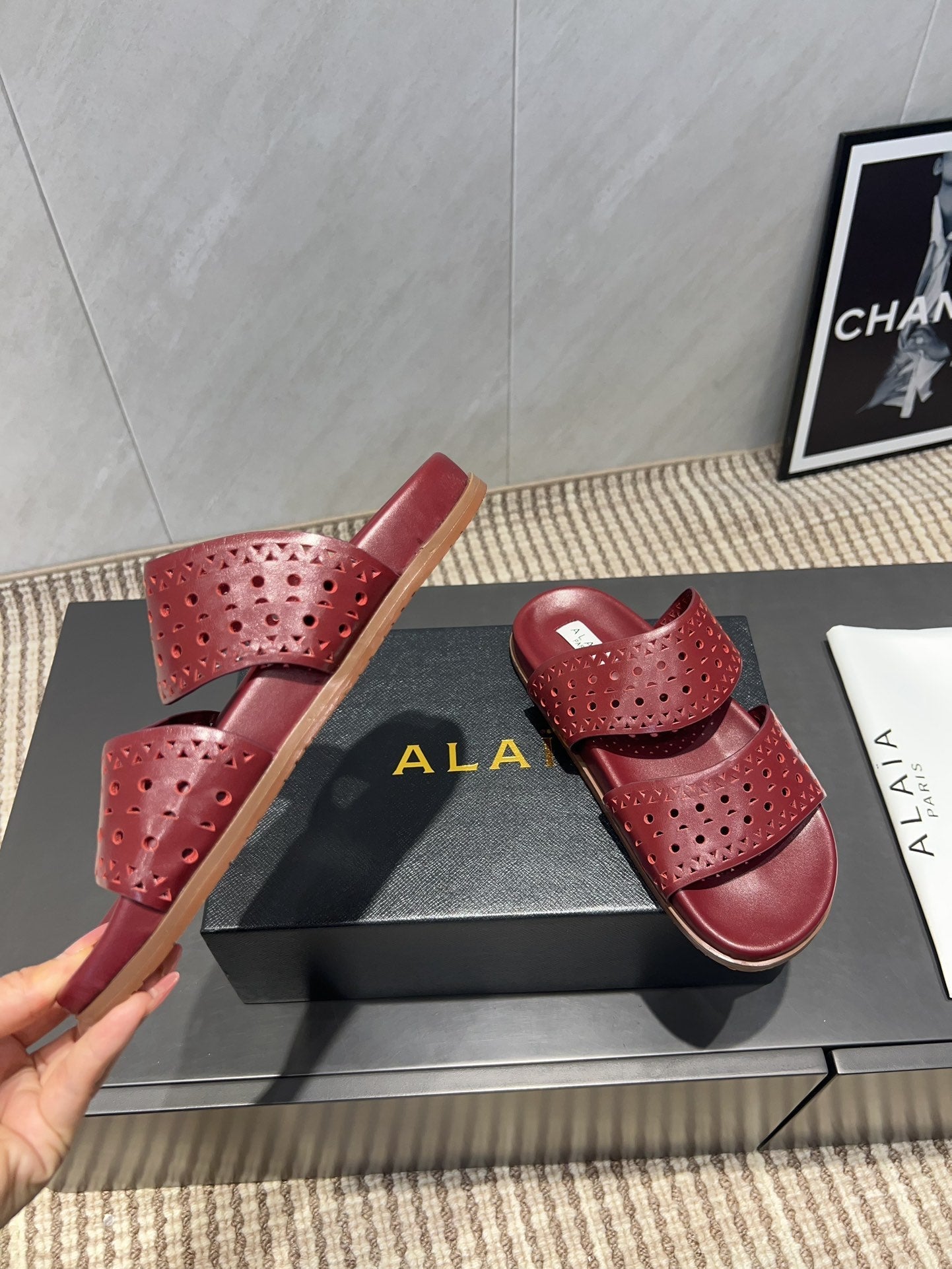ALAIA CHUNKY TWO-STRAP SLIDES 25S IN DARK RED CALFSKIN