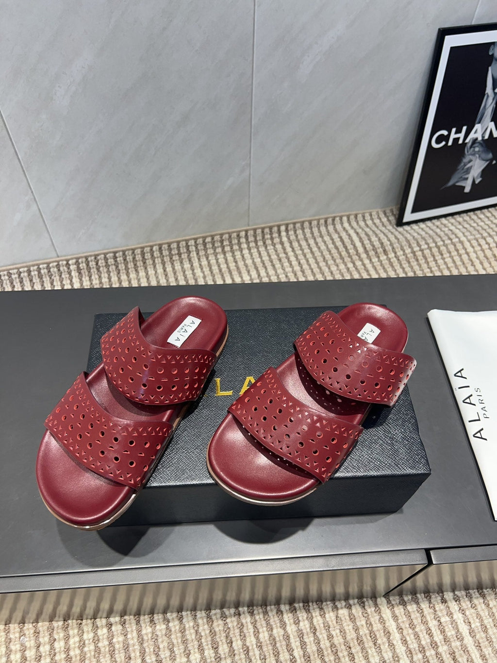 ALAIA CHUNKY TWO-STRAP SLIDES 25S IN DARK RED CALFSKIN