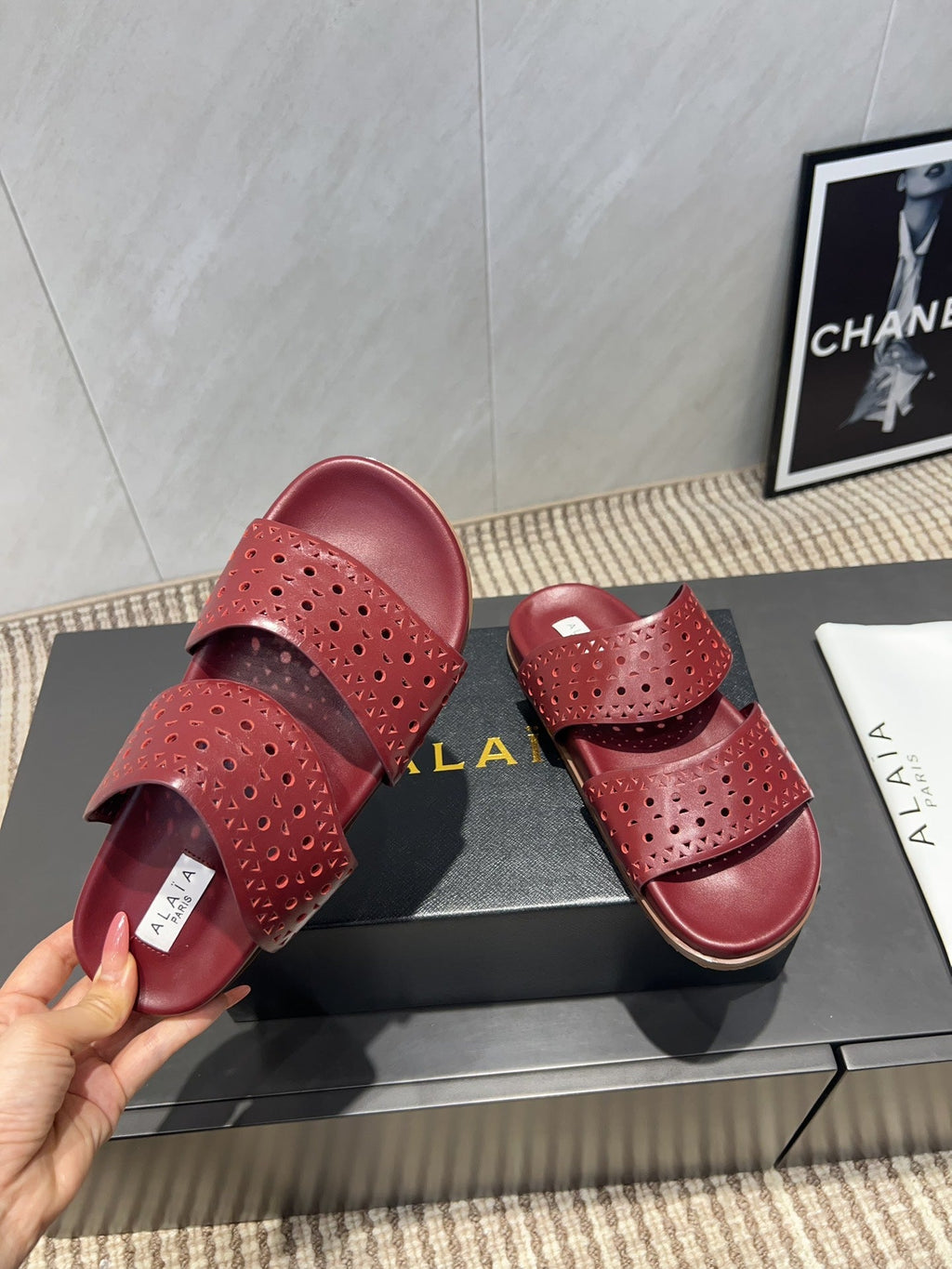 ALAIA CHUNKY TWO-STRAP SLIDES 25S IN DARK RED CALFSKIN