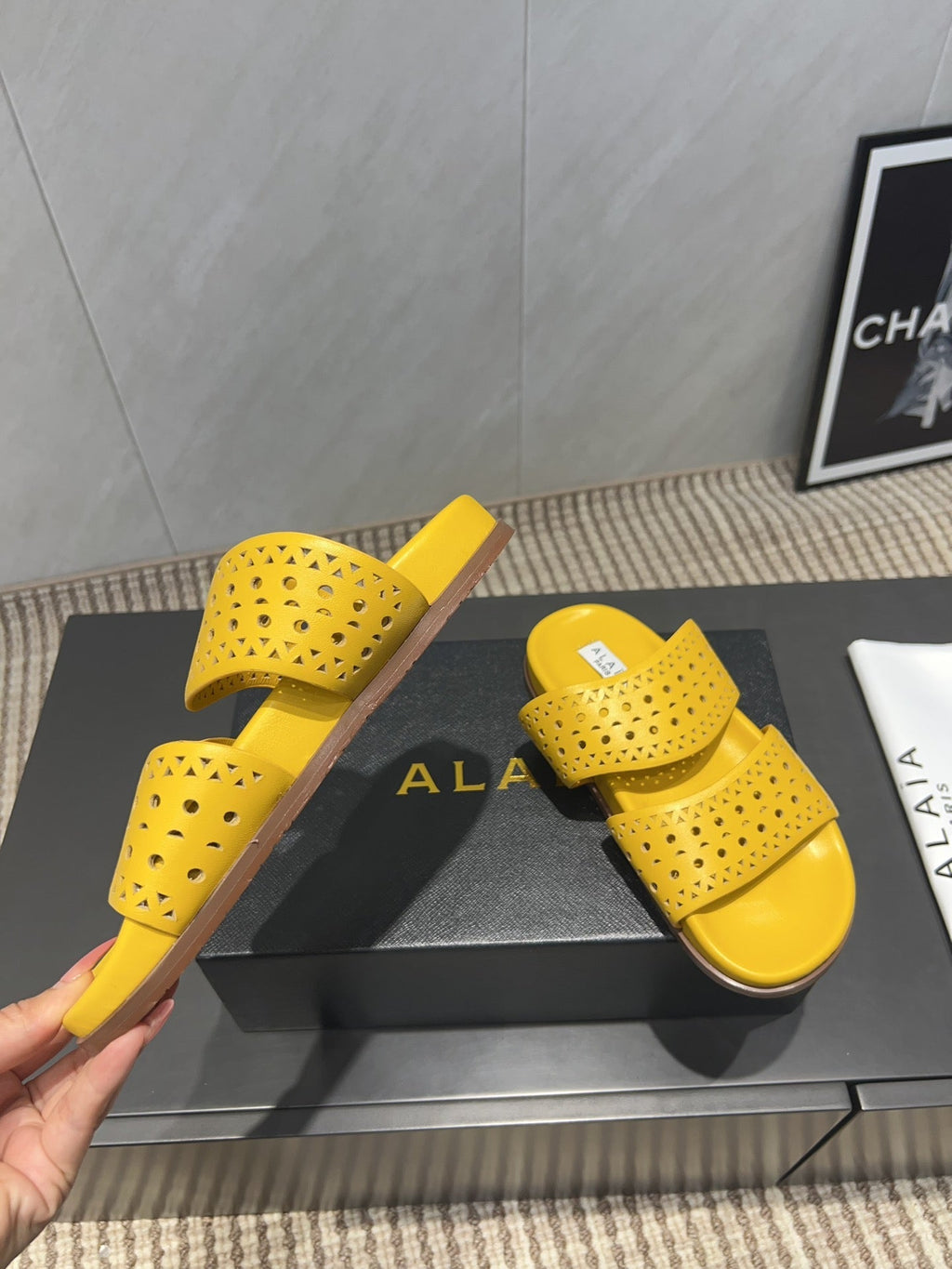 ALAIA CHUNKY TWO-STRAP SLIDES 25S IN YELLOW CALFSKIN