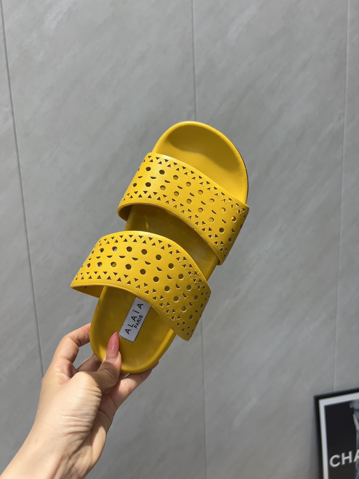ALAIA CHUNKY TWO-STRAP SLIDES 25S IN YELLOW CALFSKIN