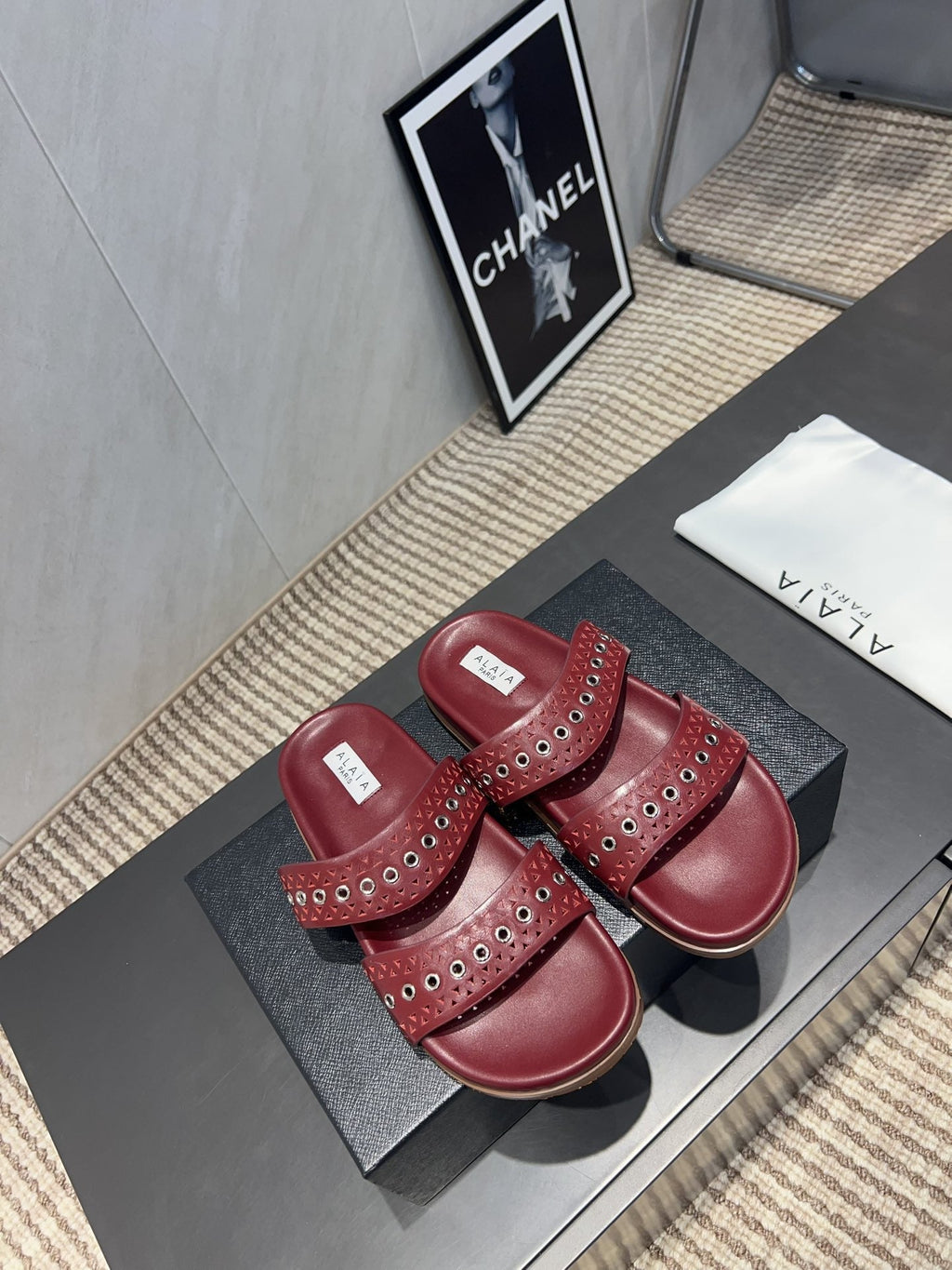 ALAIA DOUBLE-STRAP SANDALS 25S IN DARK RED CALFSKIN