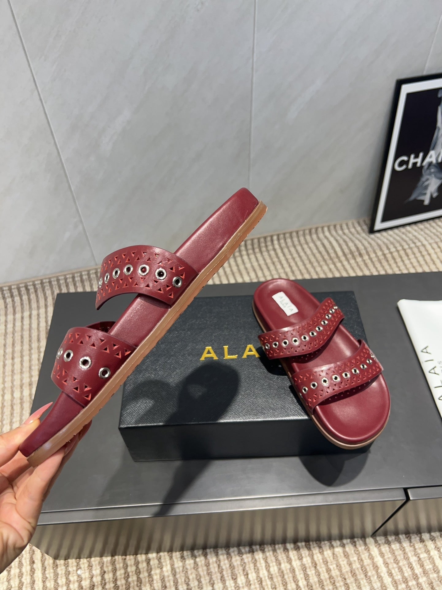 ALAIA DOUBLE-STRAP SANDALS 25S IN DARK RED CALFSKIN