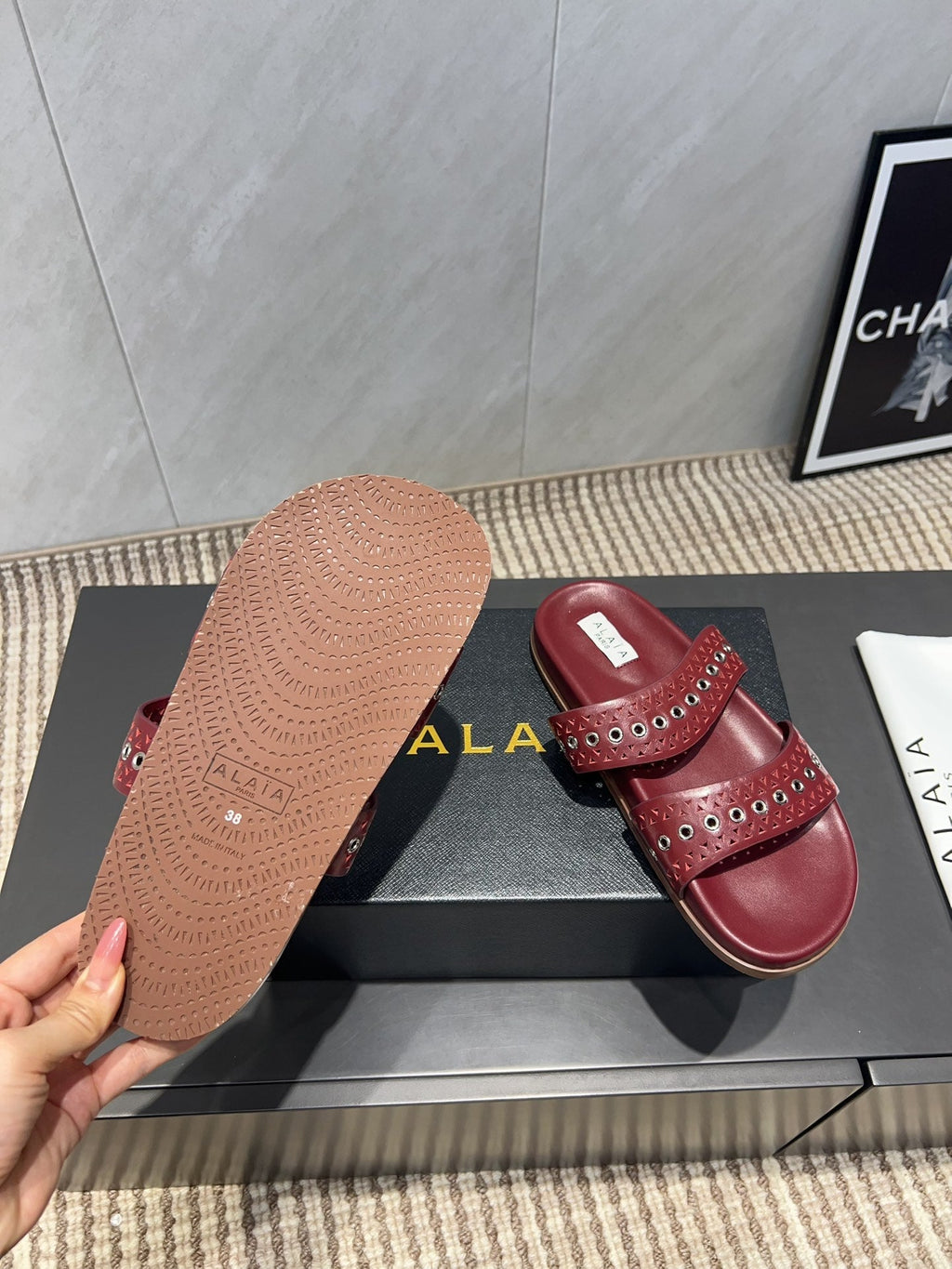ALAIA DOUBLE-STRAP SANDALS 25S IN DARK RED CALFSKIN