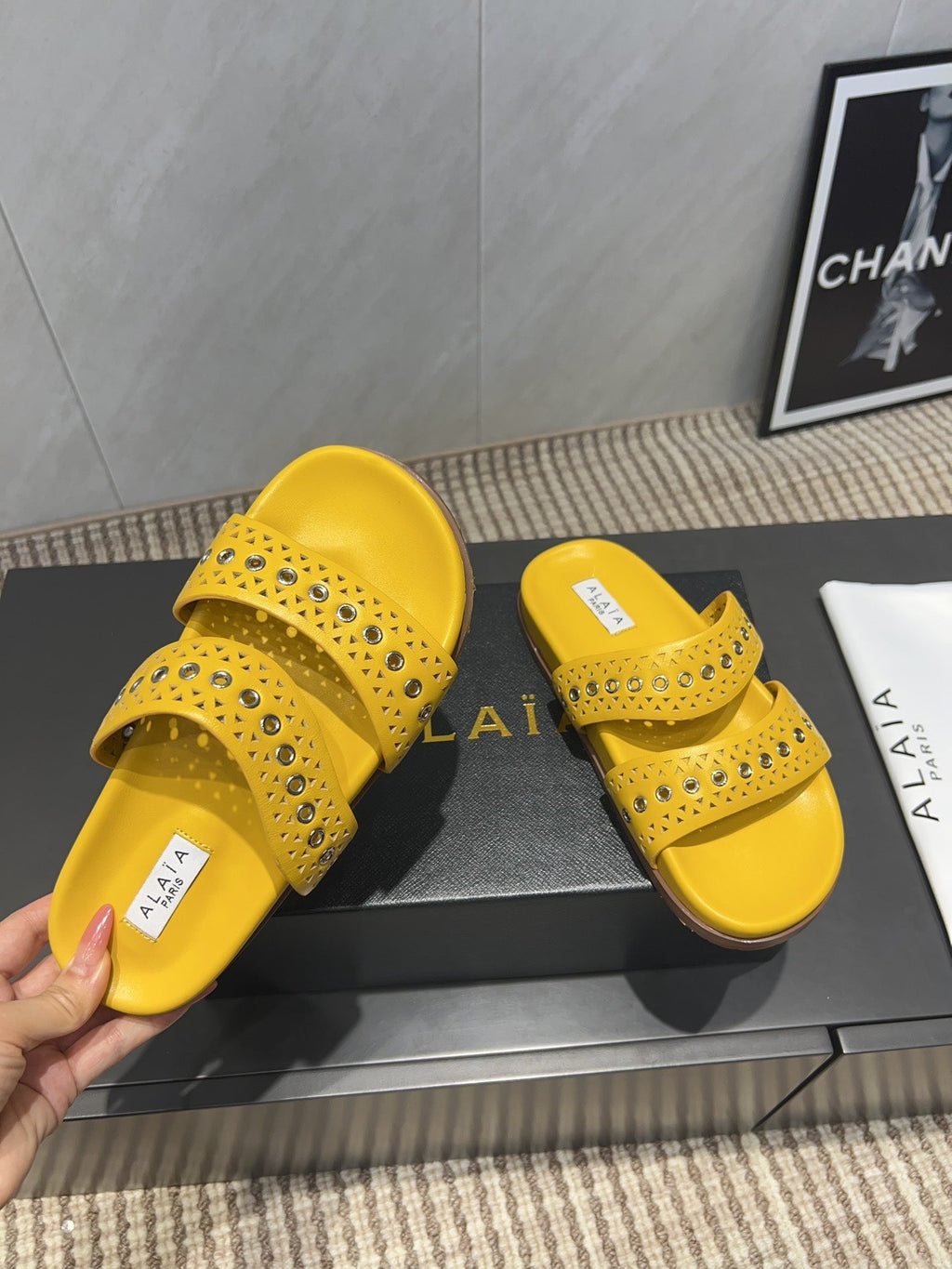 ALAIA DOUBLE-STRAP SANDALS 25S IN YELLOW CALFSKIN